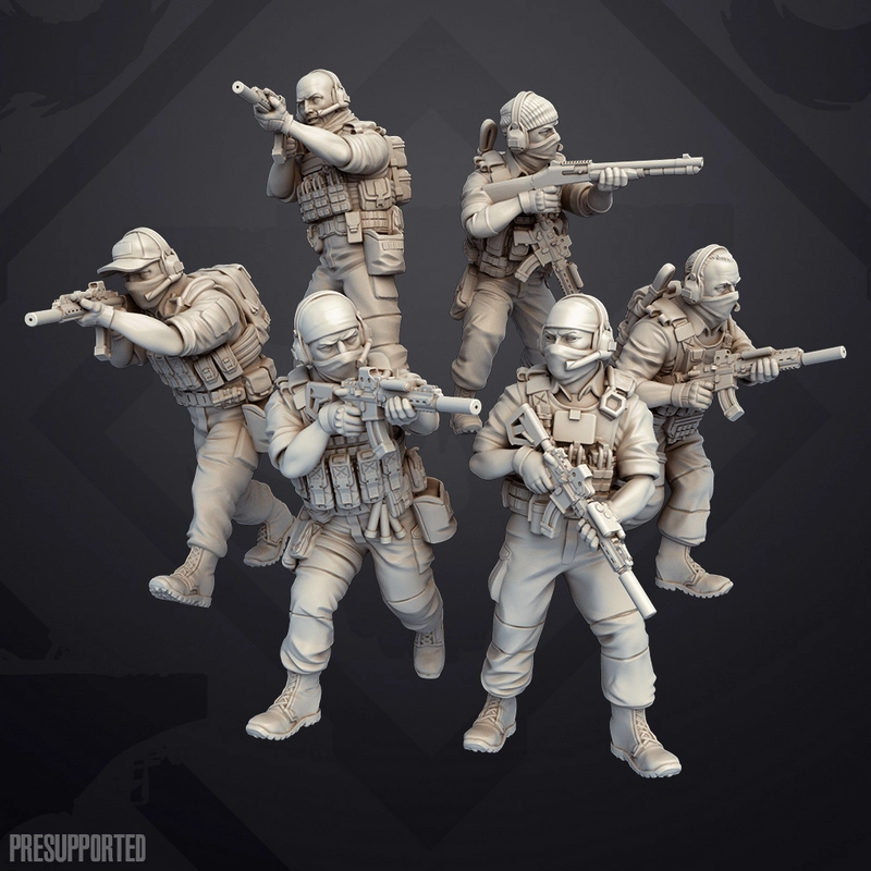 Six masked Star Wars mercenaries in tactical armor holding rifles