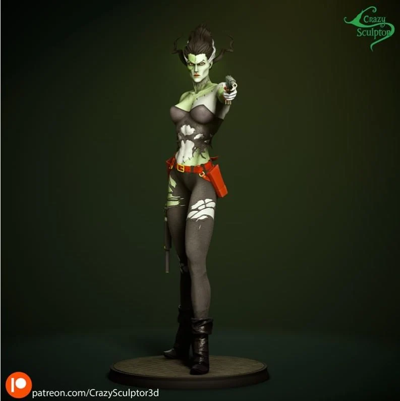 Bride of Frankenstein character figurine with pistol on a round base