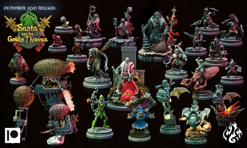 Santa surrounded by goblin thieves, fantasy miniatures, and steampunk airships
