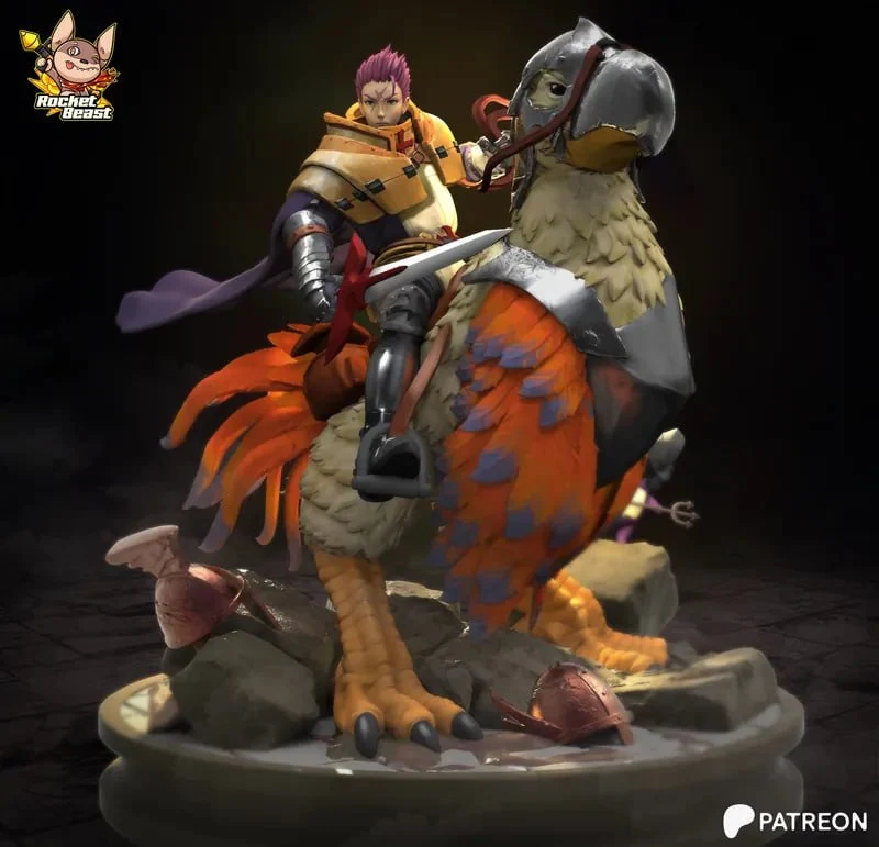 Ragnarok Online crusader riding a colorful armored bird on a display base