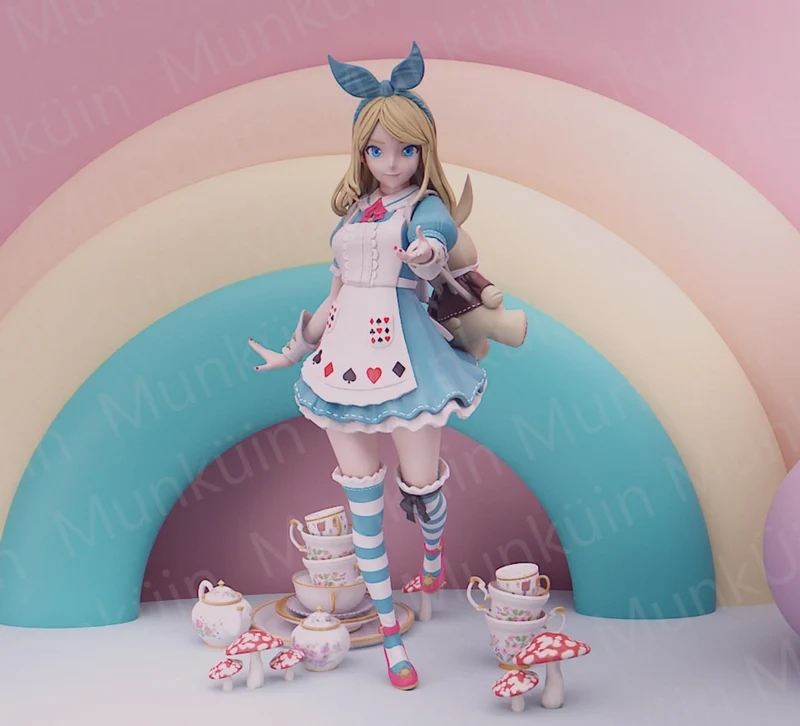 Stylized Alice in Wonderland figurine with card apron, teacups, mushrooms, and striped stockings