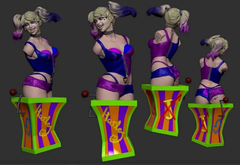 Harley Quinn bust sculpture with twin ponytails on a colorful carnival pedestal