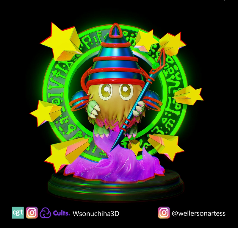 Magikuriboh Yu-Gi-Oh! 3D model with pointed hat, wand, stars, and base