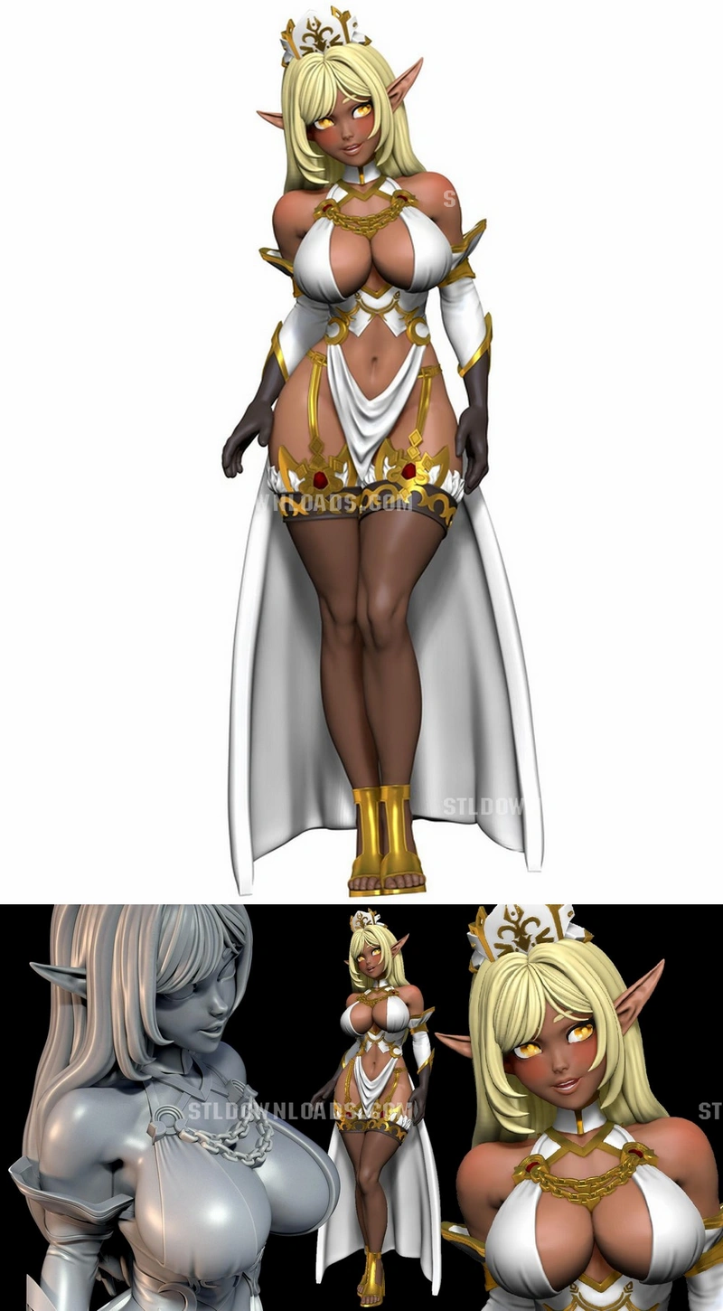 Full-body forest elf figurine with pointed ears, crown, white outfit, cape, and gold details
