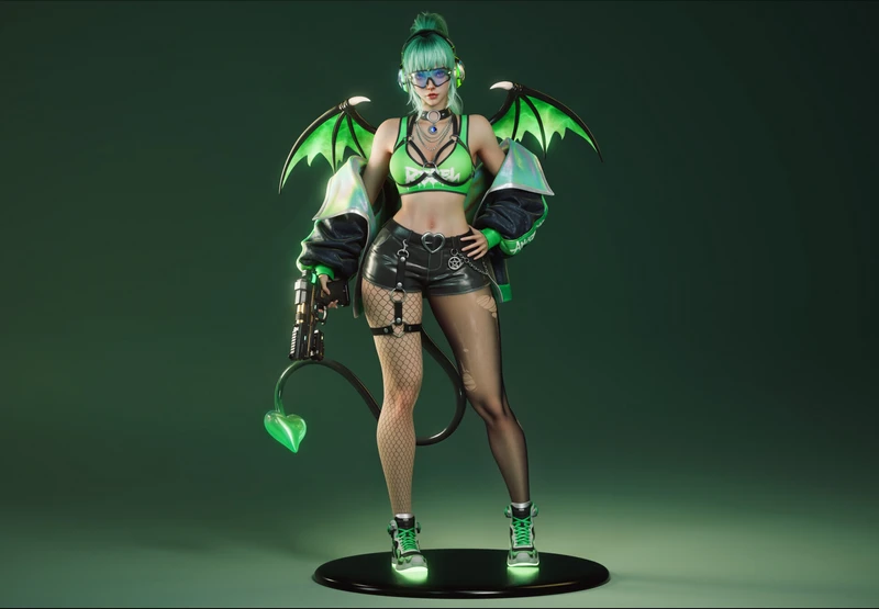 Cyanra fantasy character statue with green hair, wings, tail, and display base