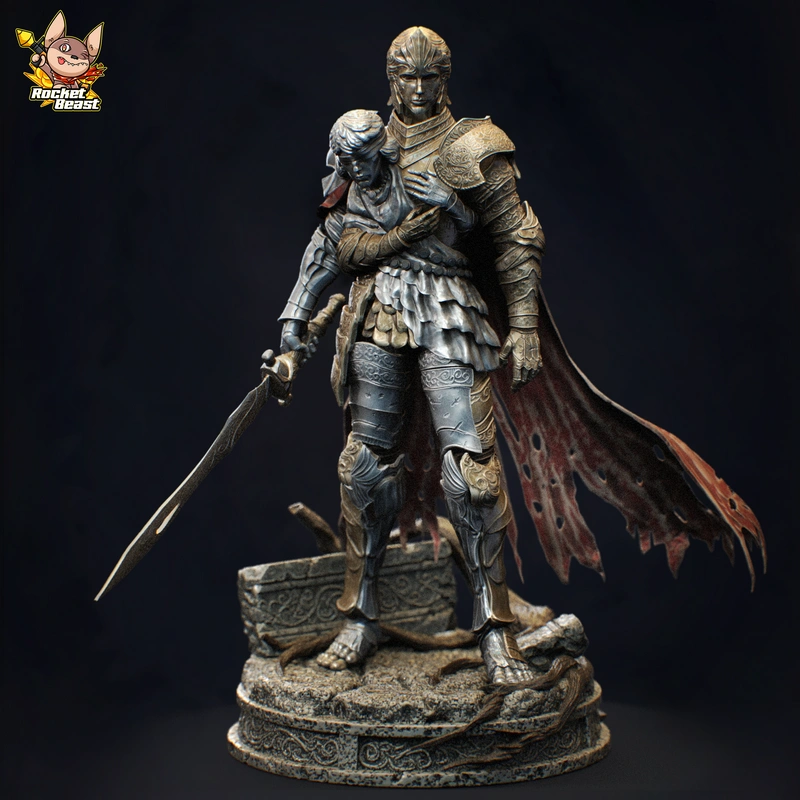 D Hunter of the Dead Elden Ring statue with sword, cape, companion, and display base