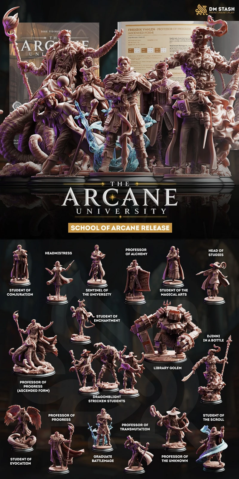 Fantasy miniature collection with Arcane University students, professors, creatures, and a library golem