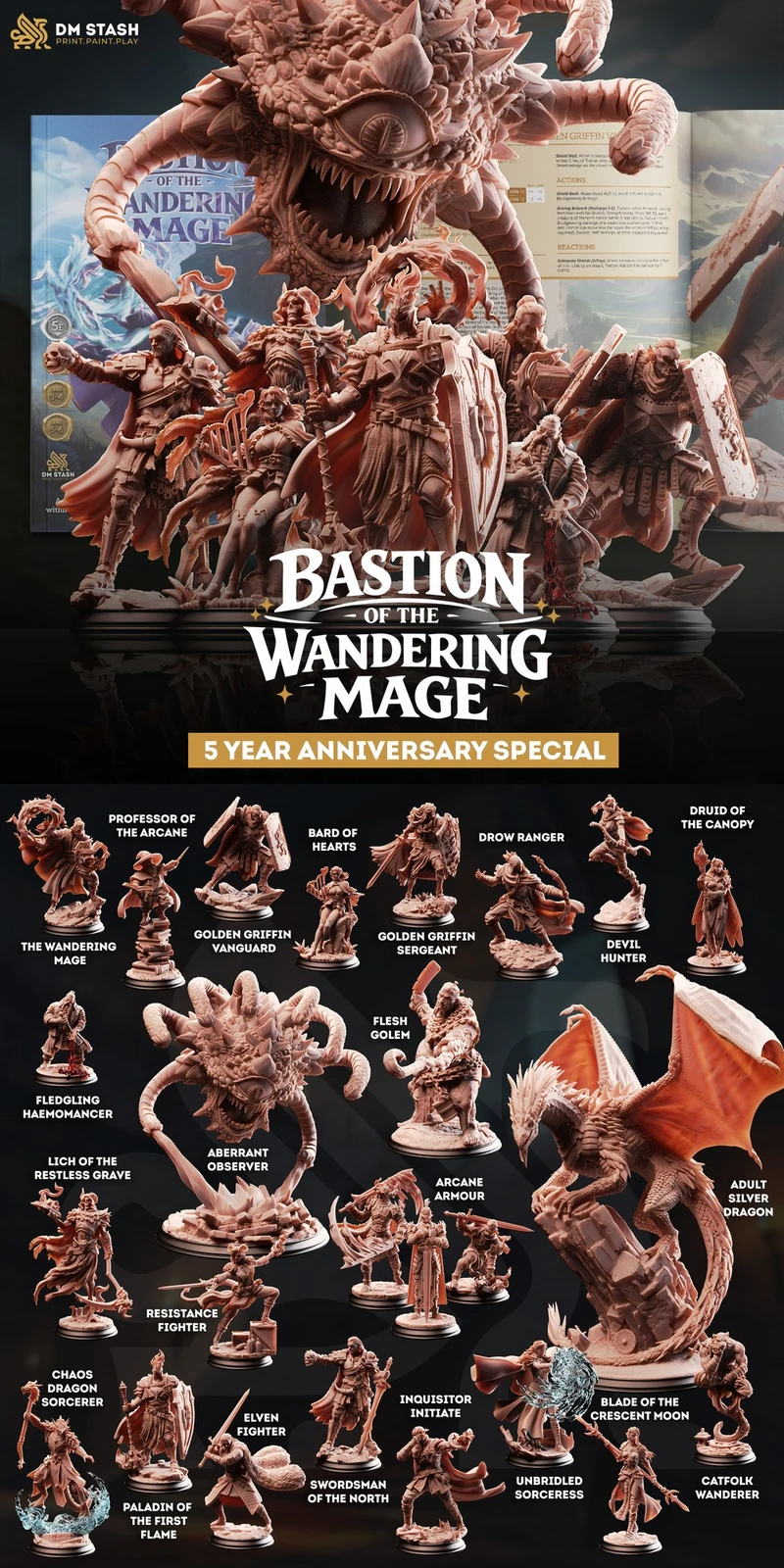 Fantasy miniature collection with adventurers, monsters, dragons, and spellcasters