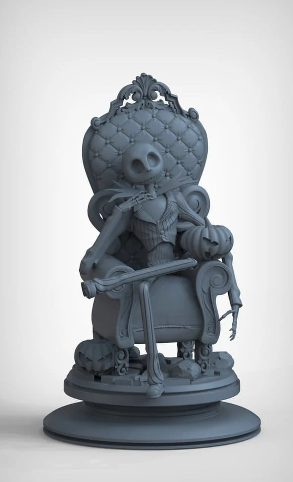 Jack Skellington seated in an ornate chair with pumpkins on a display base