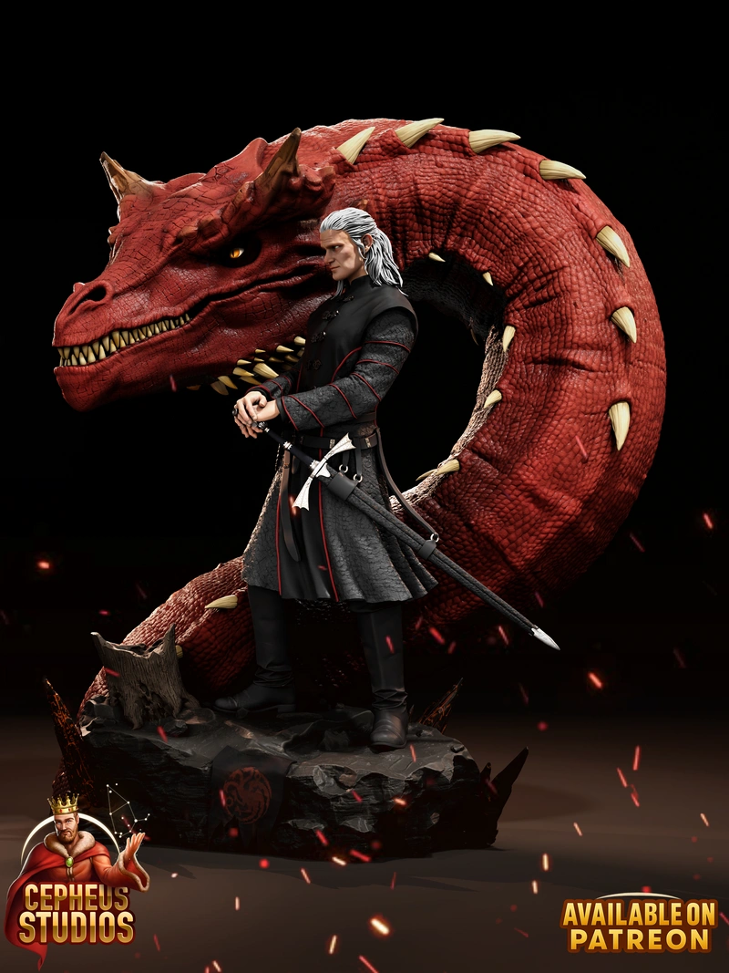 Daemon Targaryen statue with a red horned dragon on a rocky base