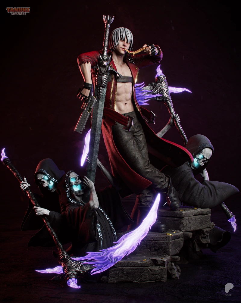 Dante from Devil May Cry with red coat, sword, firearms, skeletal figures, and glowing demonic weapons