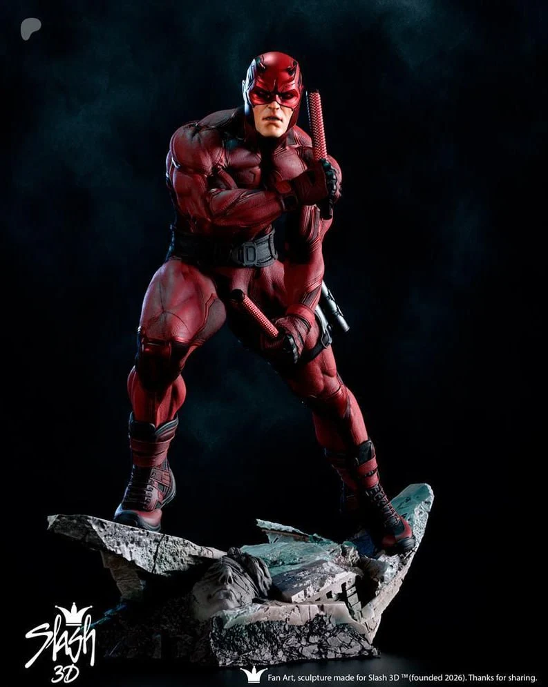 Daredevil Marvel 3D model in a red suit standing on a rubble base