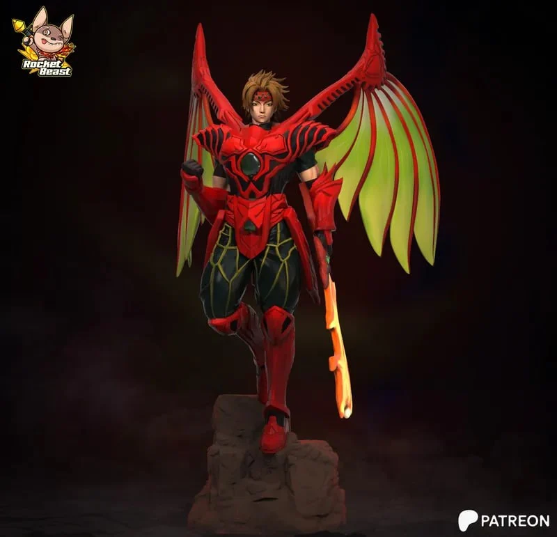 Dart in red Dragoon Armor with wing-like panels and spear