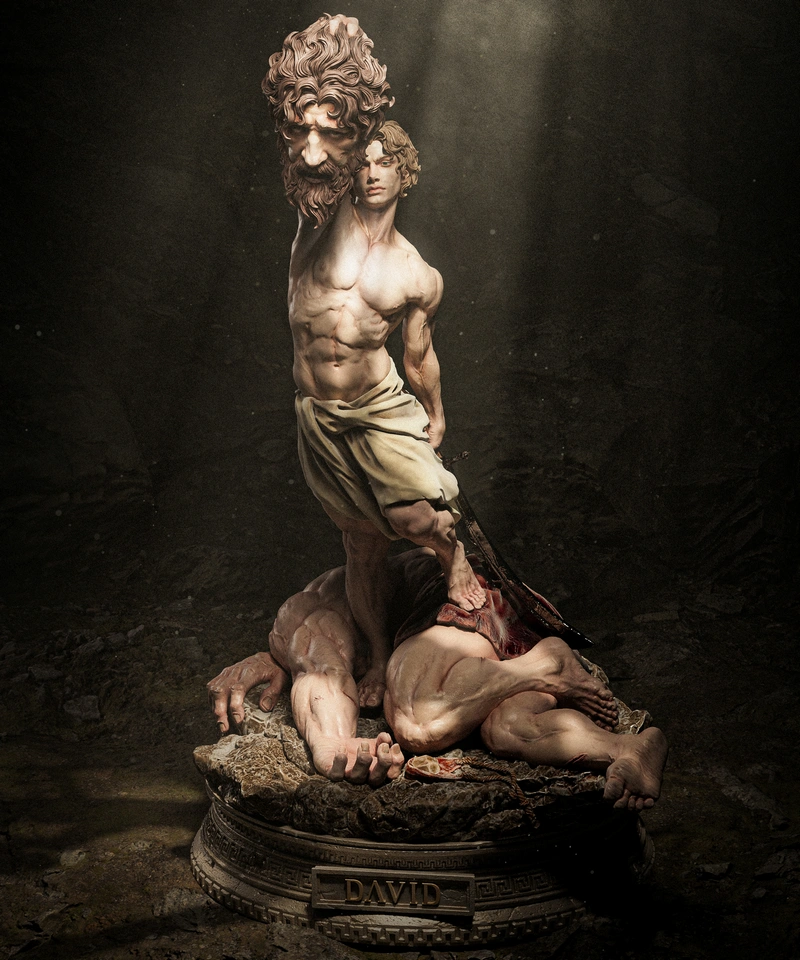 David standing over fallen Goliath on a decorated sculptural plinth