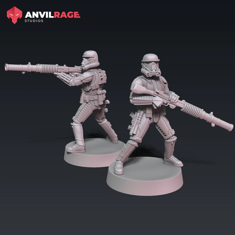 Two Star Wars Death Trooper miniatures with T-21 blasters on round bases