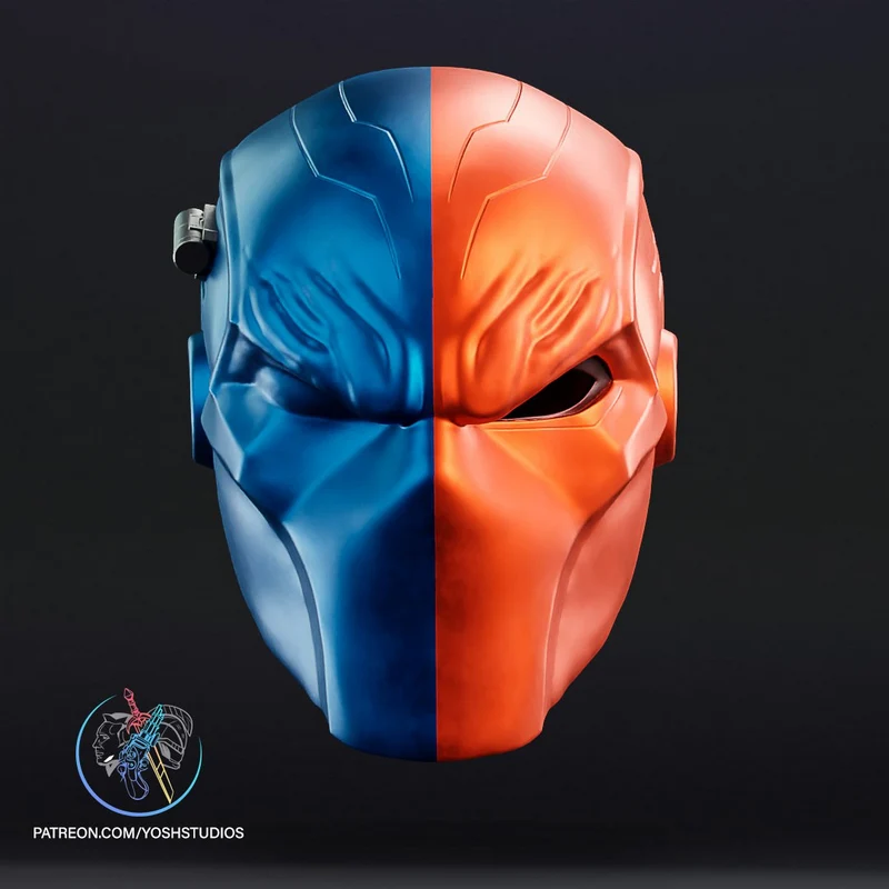 Blue and orange Deathstroke helmet 3D model with sculpted facial details