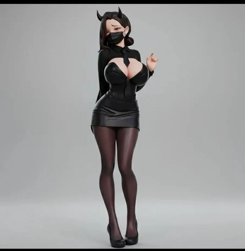 Full-body fantasy demon girl 3D model with horns, mask, and black outfit