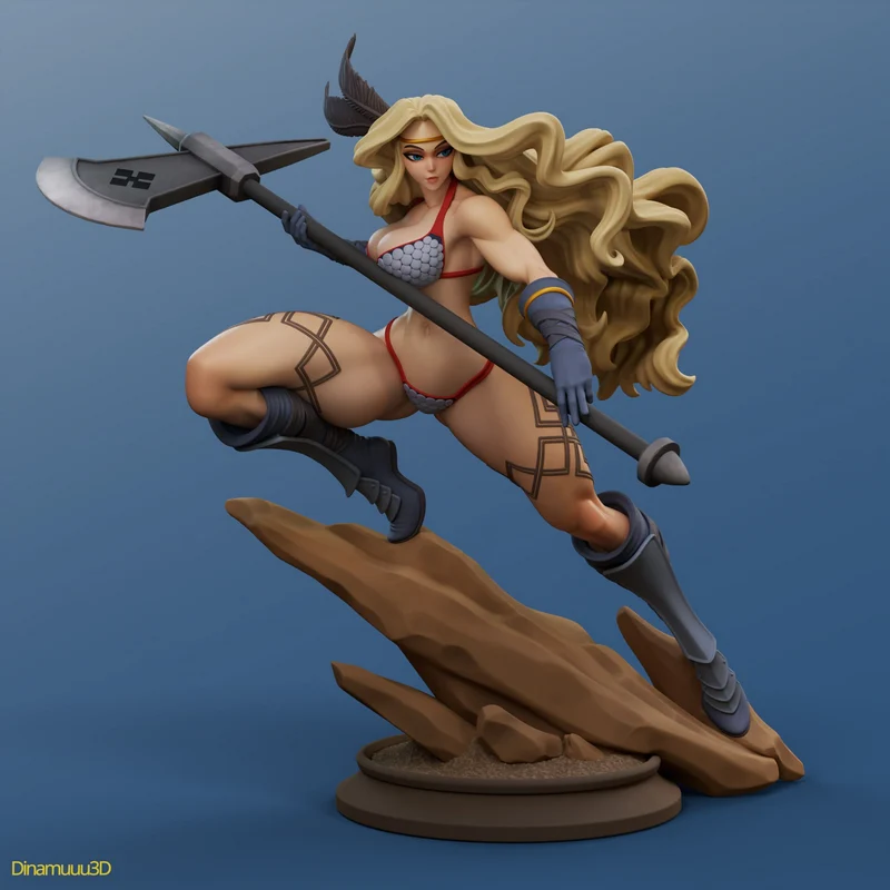 Original fantasy warrior statue with polearm, flowing hair, and rocky base