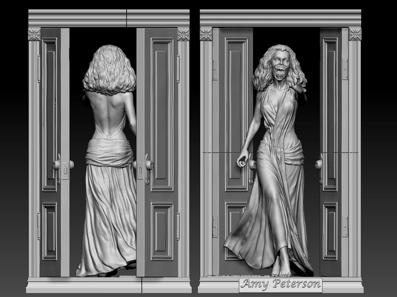 Amy Peterson original character STL showing a clawed woman in a flowing dress within ornate doors