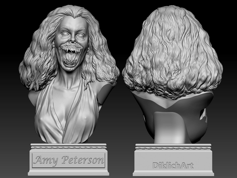 Amy horror character bust with long hair, fanged open mouth, and display pedestal