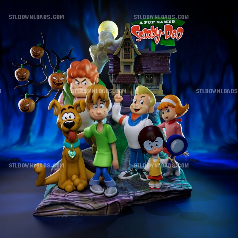 Scooby-Doo diorama with the gang, haunted house, moon, and carved pumpkin tree