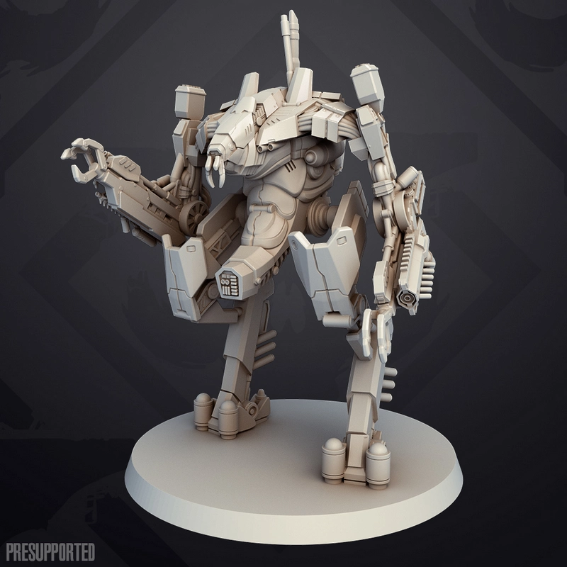 District 9 Prawn Mech with layered armor, clawed hands, weapons, and display base