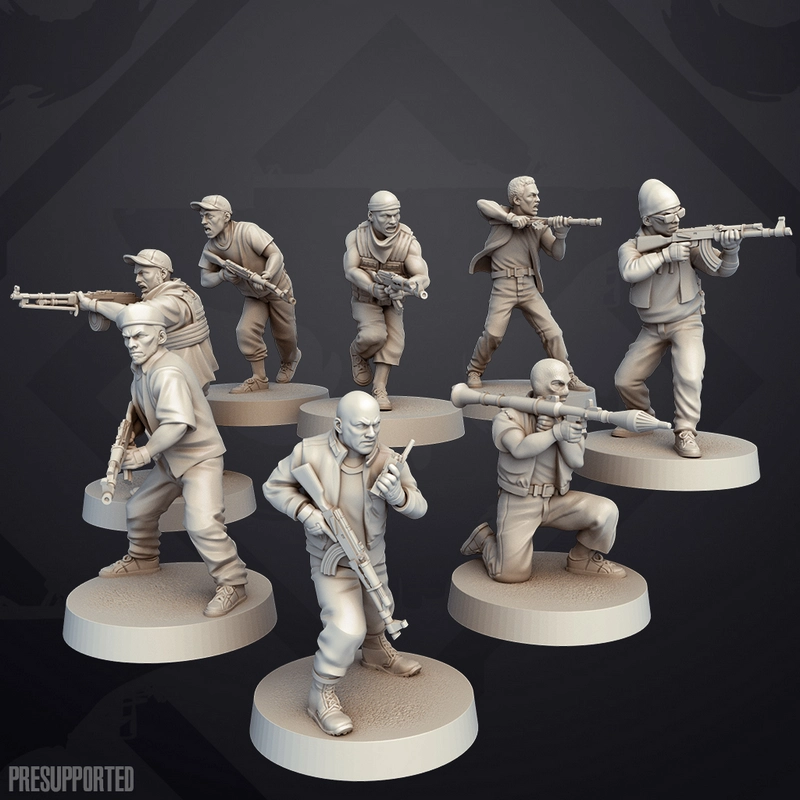 PMN soldiers from District 9 in varied armed poses on round bases