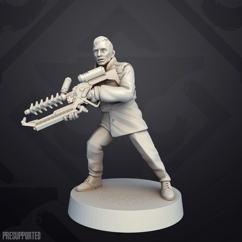 Wikus van de Merwe from District 9 holding a sci-fi weapon on a display base