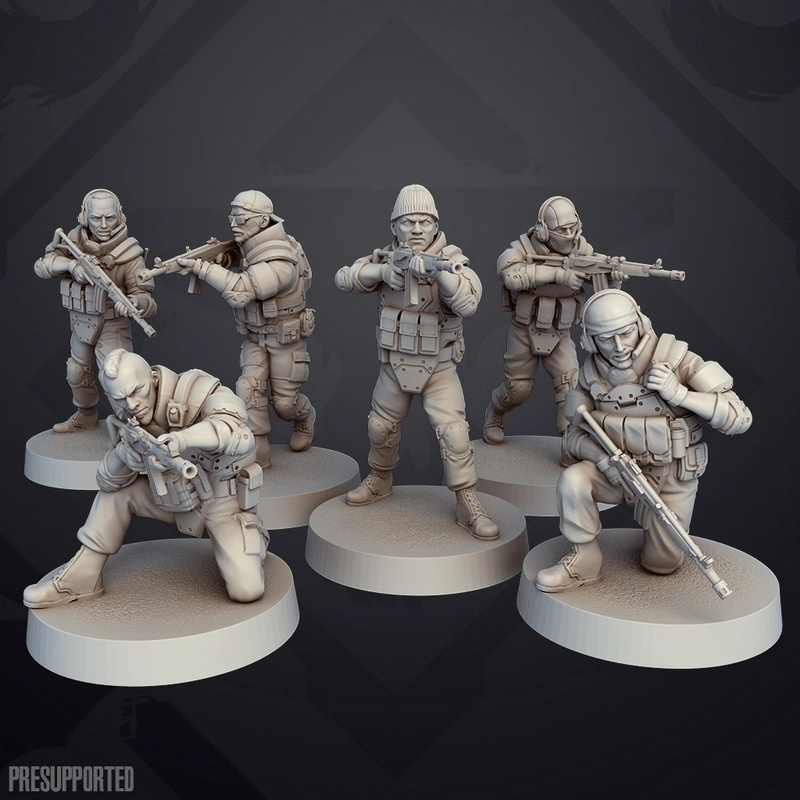 Six MNU Security Force soldiers from District 9 with rifles on round bases