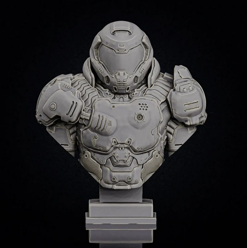 Doom Slayer armored bust with detailed helmet, chest armor, and pedestal