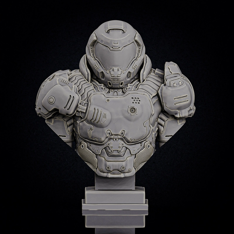 Doom Slayer armored bust with detailed helmet, chest armor, shoulder plates, and display base