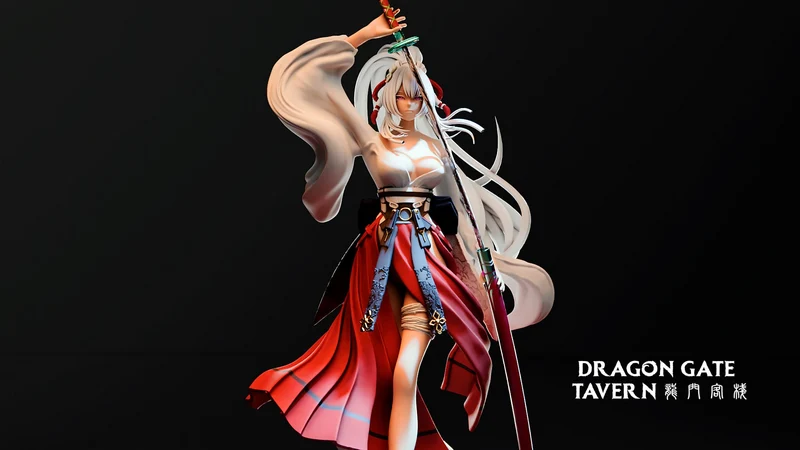 Hiyuki from Wuthering Waves with white hair, a sword, and a red layered outfit