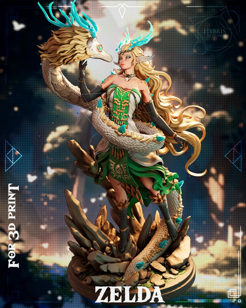 Zelda-themed fantasy heroine with turquoise antlers, dragon, and rocky base