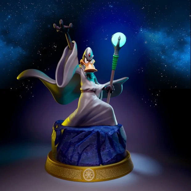 Daffy Duck dressed as a wizard with a staff, cape, robe, and rocky display base