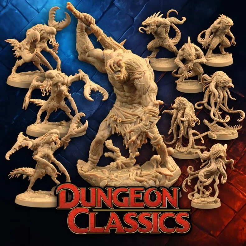 Fantasy tabletop miniatures with a large tentacled monster and smaller clawed creatures