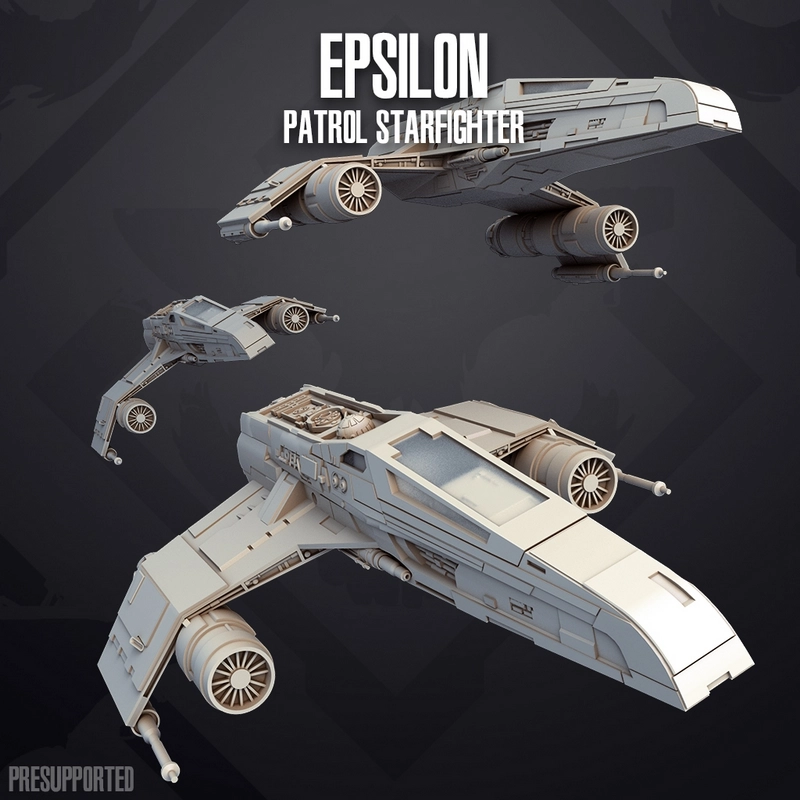 Star Wars E-Wing escort starfighter 3D model with swept wings and twin cylindrical engines