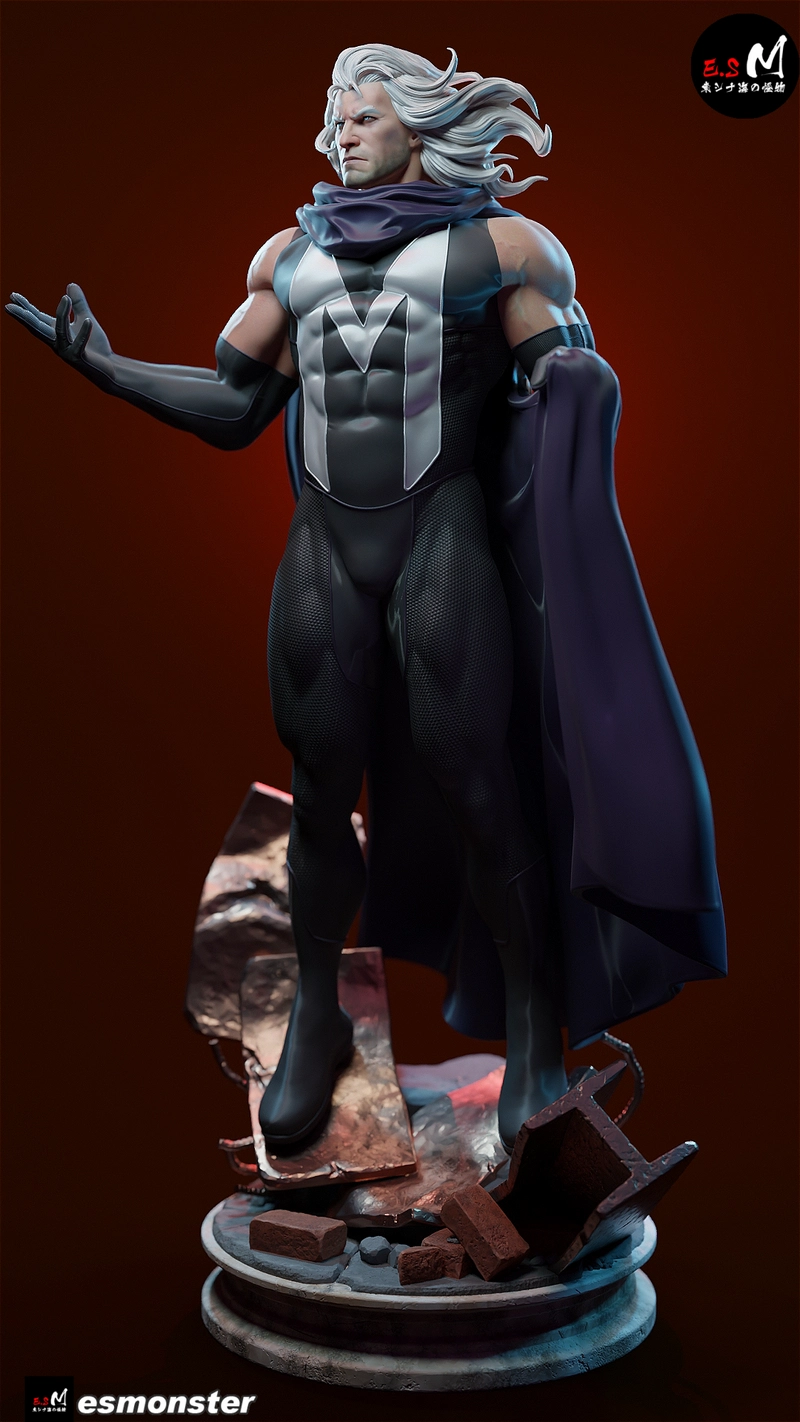 Magneto '97 character statue with purple cape on a rubble base
