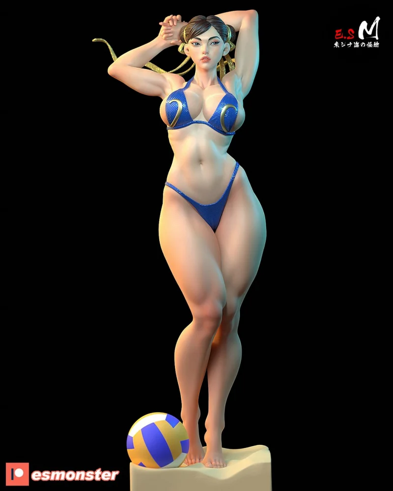 Stylized Chun-Li character figure in a blue outfit with a volleyball on a display base