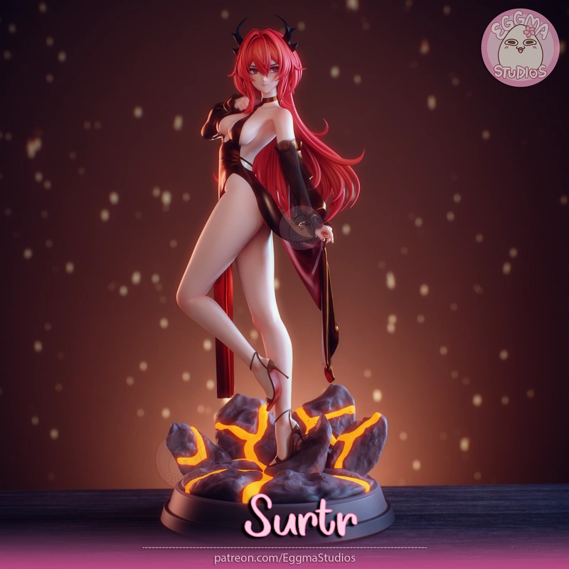 Surtur from Arknights, a red-haired horned figure on a glowing lava base