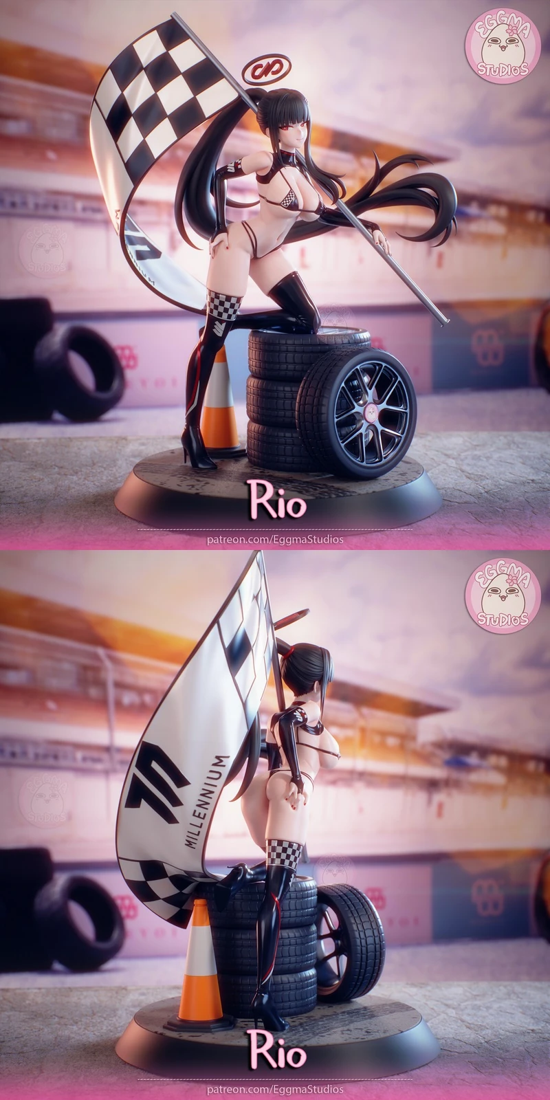 Racing Rio original character statue with racing flag, tires, traffic cone, and car wheel