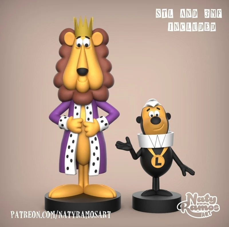 3D model of King Leonardo and Odie in signature cartoon costumes on display bases