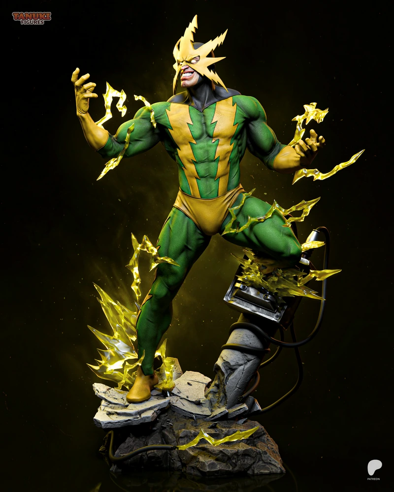 Electro Marvel character figure in a green and yellow suit surrounded by sculpted lightning on a rocky base