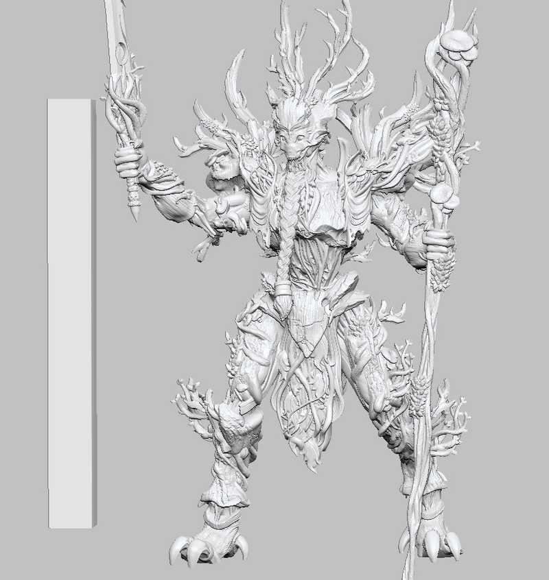 Detailed fantasy ent character with antlers, roots, staffs, and bark-like limbs