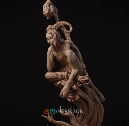 Eshvara the Cursed Faun seated on twisted wood with curled horns