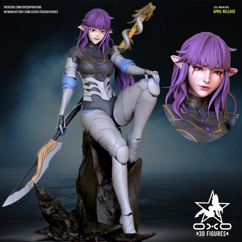 Esil from Solo Leveling, a purple-haired elf-like warrior miniature on a rocky base