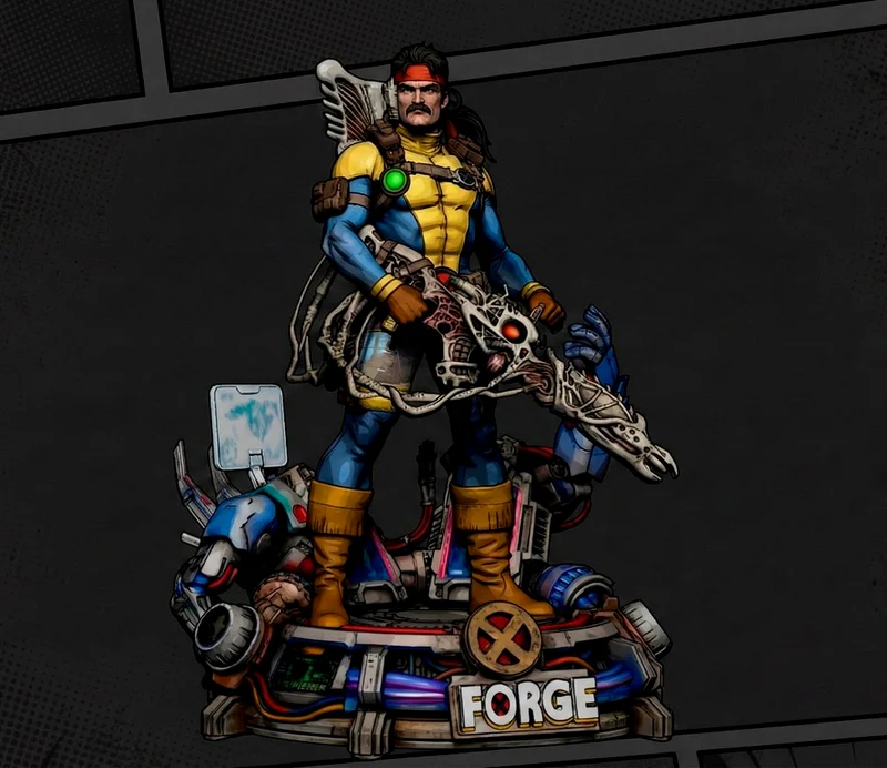 Forge BOC original character statue with skeletal weapon on a mechanical base