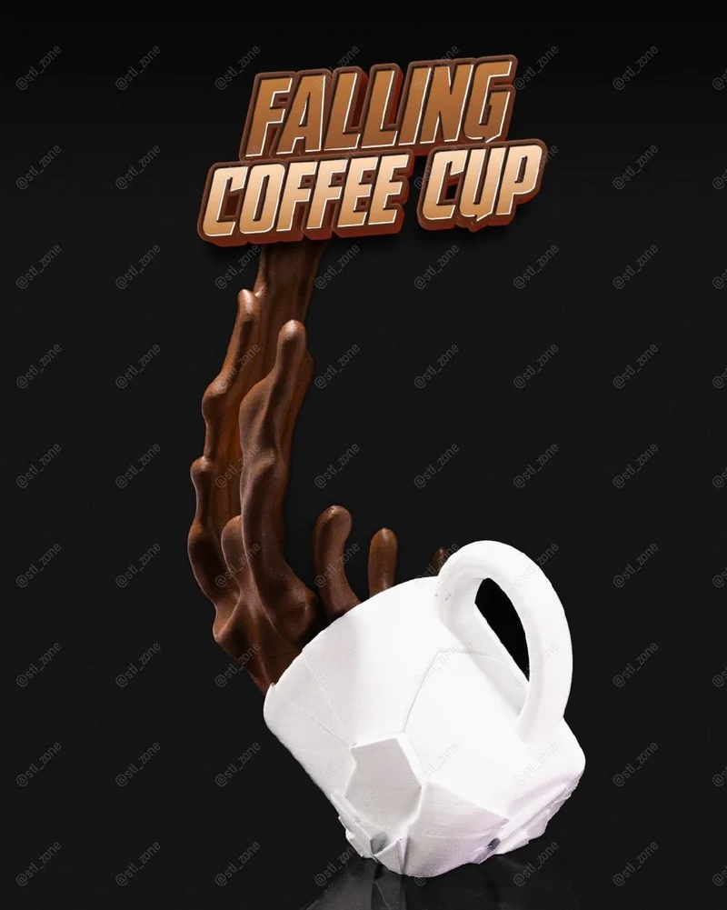 Falling coffee cup 3D model with a tilted cup and sculpted coffee splash
