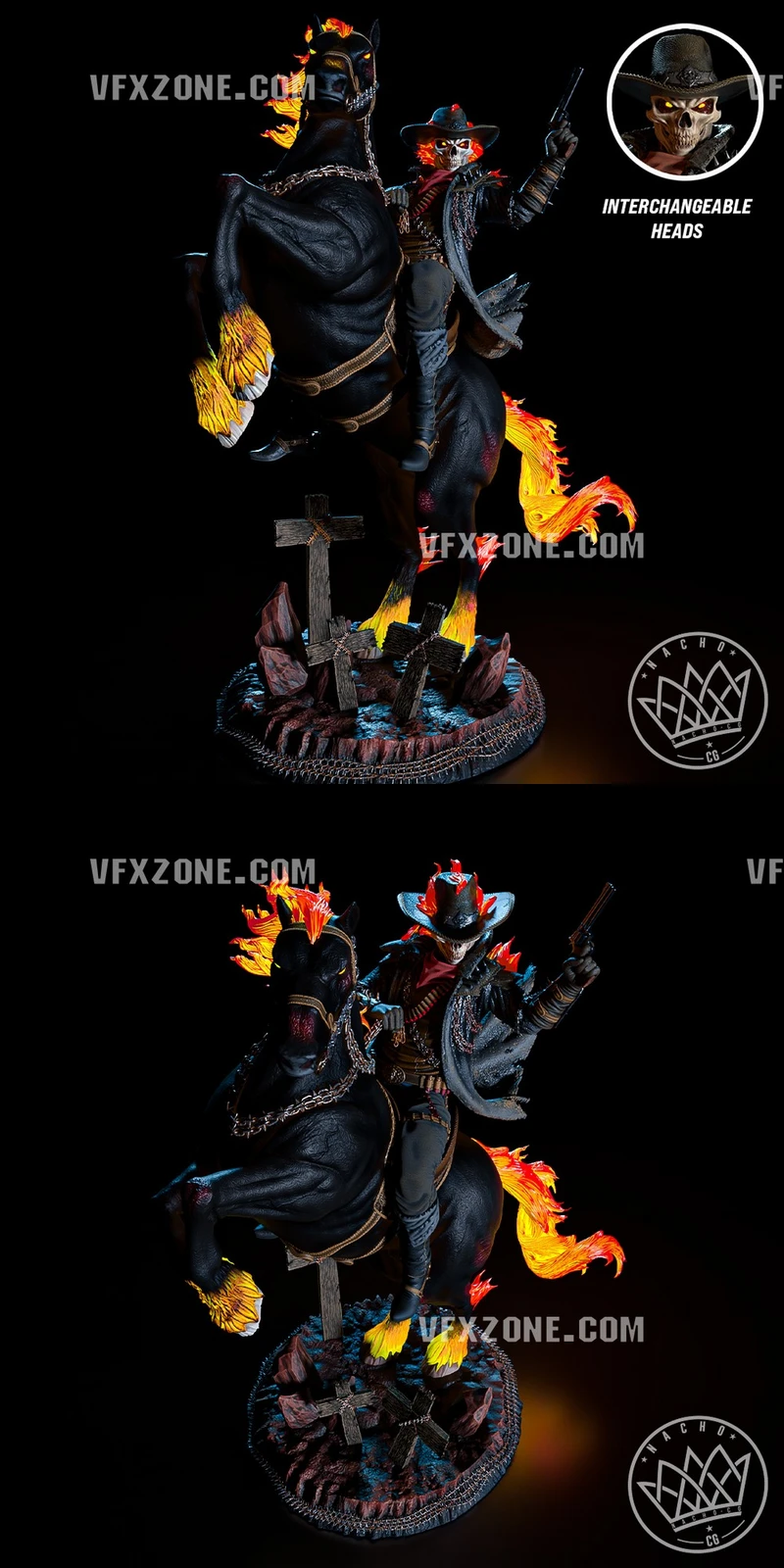 Carter Slade Ghost Rider mounted on a flaming horse with a revolver