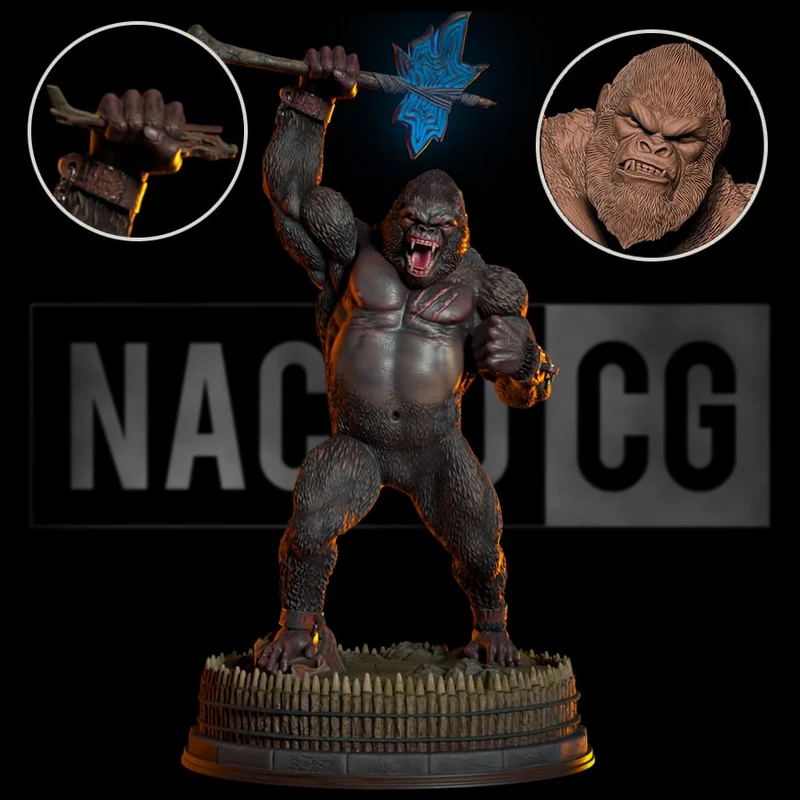 Kong Unchained gorilla statue holding a raised axe on a circular display base