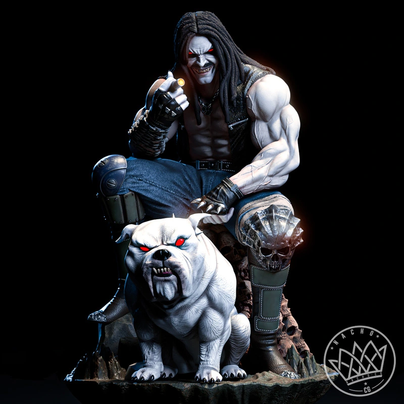 Lobo seated with Dawg, a snarling white bulldog, in a DC Comics statue model